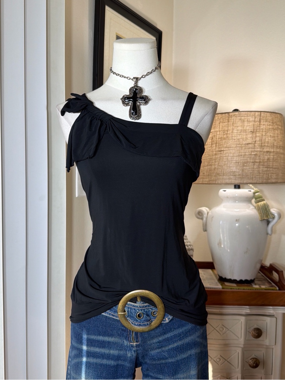 INC International Concepts Black One-Shoulder Tie Tank Top